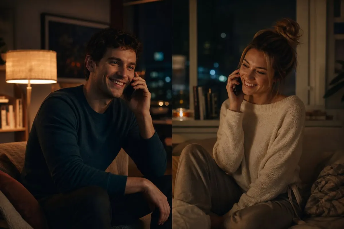 A man and a woman in their own apartments, both smiling on the same phone call