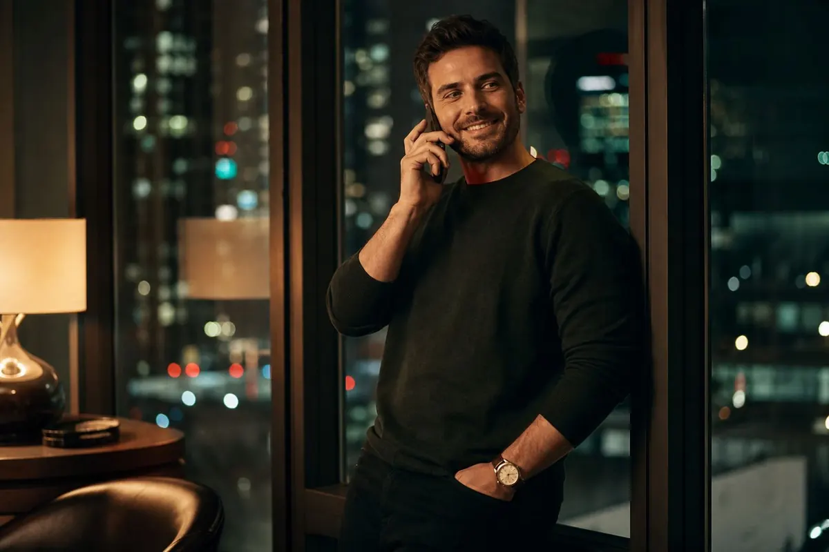 Man smiling on a phone call by a city window at night