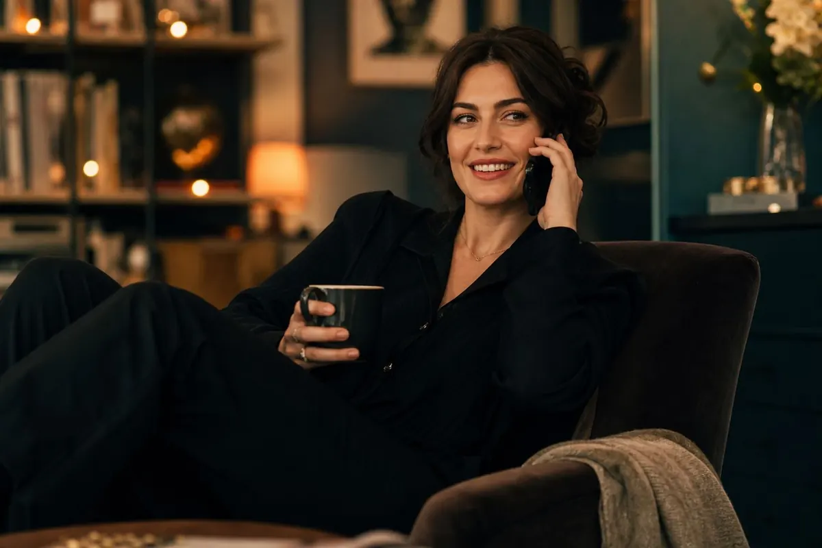Woman relaxing with a drink, smiling on a phone call