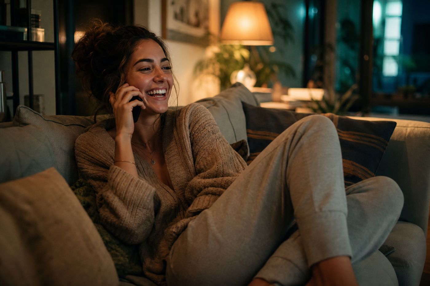 Woman laughing on a late-night phone call at home