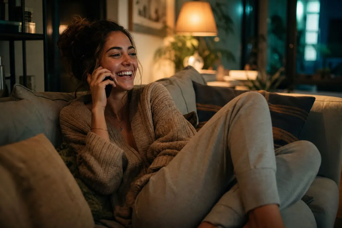 Woman laughing on a late-night phone call at home